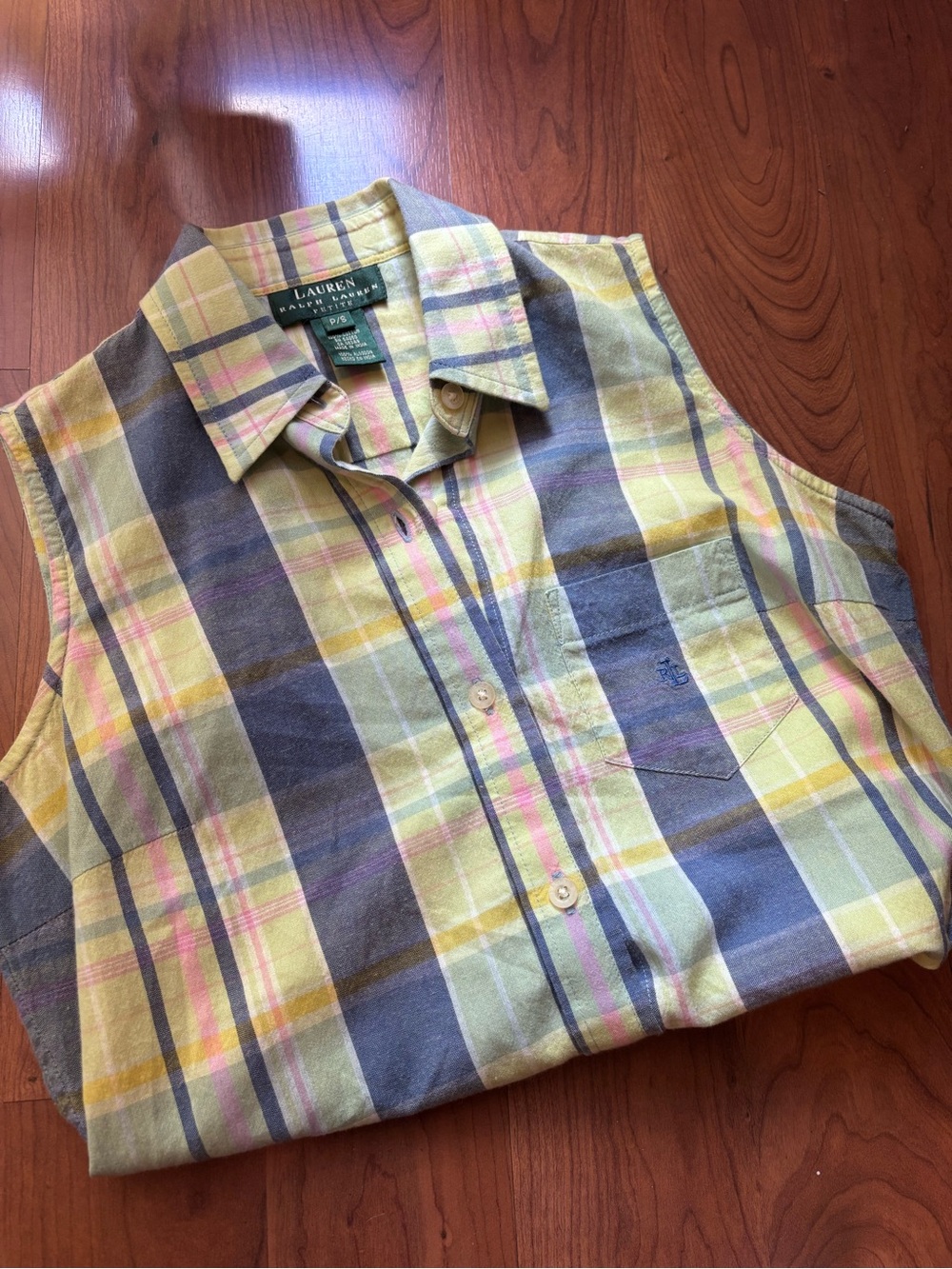 Ralph Lauren Plaid Sleeveless Button-Down Shirt in Yellow, Blue & Pink Madras